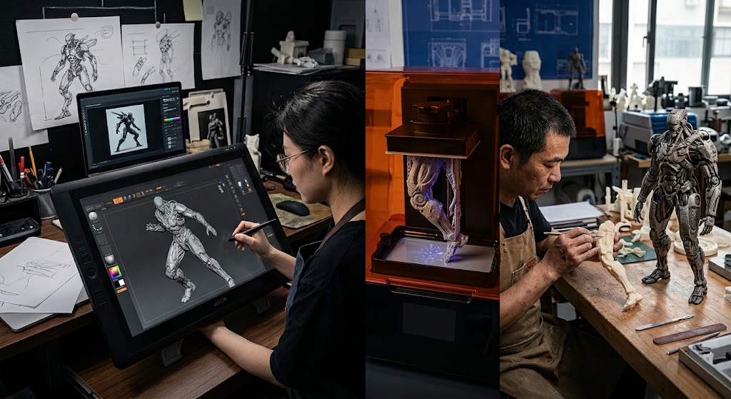 Concept sketch to 3D model to physical sculpture evolution