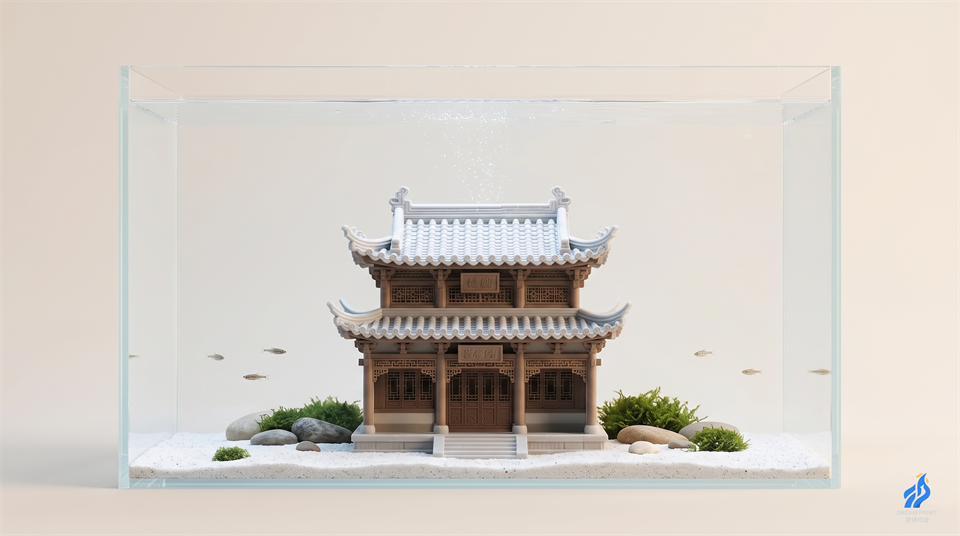 3D printed Suzhou Classical Garden waterside pavilion for fish tank